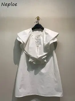 Неплотная блузка в японском стиле Ретро С гофрированным воротником, Однобортные Художественные Белые рубашки, Свободные Тонкие блузки без рукавов Mujer Blusa