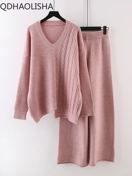 Комплект из двух предметов, Женский свитер, Осенне-зимний повседневный топ с V-образным вырезом и длинным рукавом, широкие брюки с высокой талией, мешковатый трикотаж, Корея