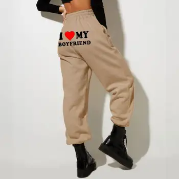 Осенне-зимние женские брюки с высокой эластичной талией и буквенным принтом, плюшевые мягкие теплые однотонные женские спортивные штаны с карманами на День Святого Валентина
