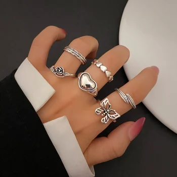 KISSWIFE Винтажное металлическое женское кольцо серебряного цвета, сердце, роза, Бабочка, перо, кольца для пальцев, набор готических модных украшений