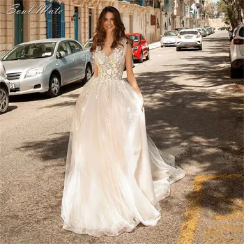 Новые элегантные аппликации принцессы, кружевные свадебные платья в стиле бохо для женщин, свадебное платье с V-образным вырезом, придворный шлейф, платья невесты Vestidos De Novia
