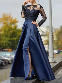 Сексуальное темно-синее вечернее платье с кружевными аппликациями, вечернее платье трапециевидной формы с разрезом по бокам, для особых случаев