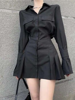 Черное платье-рубашка, Женские Элегантные винтажные платья с длинным рукавом, Сексуальная готическая плиссированная уличная одежда с отложным воротником, повседневный халат