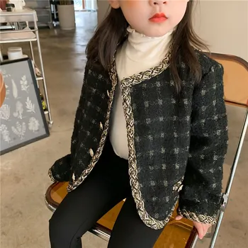 Пальто для девочек, весенняя новинка, короткое пальто для маленькой Ароматной девочки, Корейский Детский Короткий кардиган в клетку