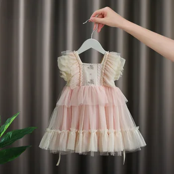 2023 Детское платье в стиле Лолиты для девочек с оборками и расклешенным низом, костюм принцессы, Прекрасная детская летняя одежда