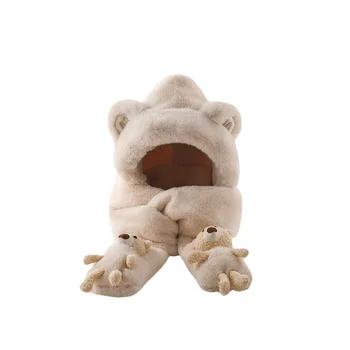 Женская осенне-зимняя шапка с медведем, милый дикий теплый плюшевый шарф, встроенный шарф с капюшоном и утолщенным бархатом